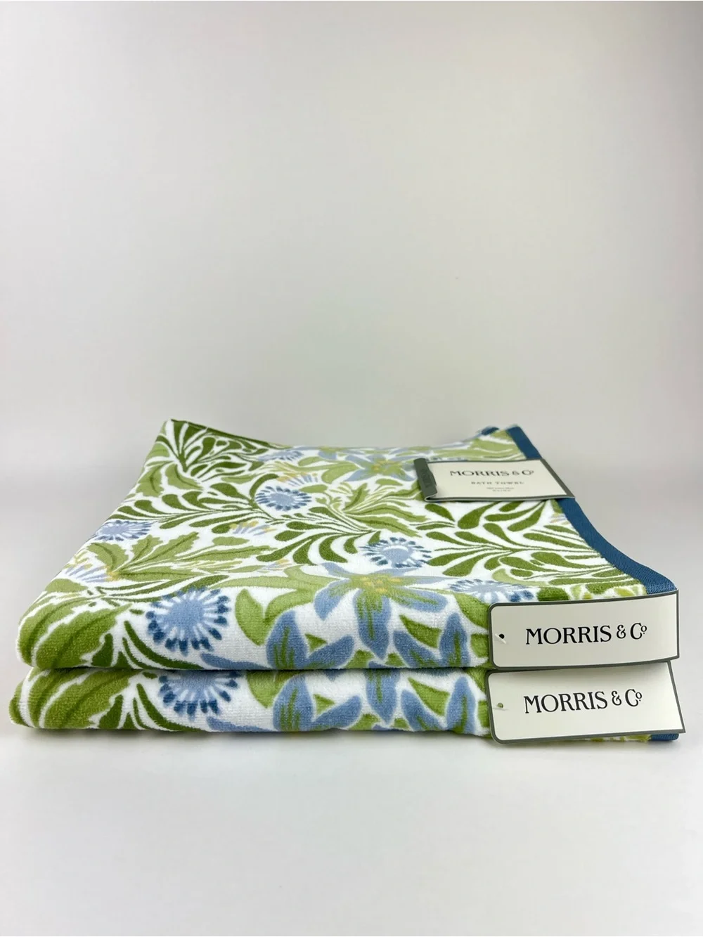 William Morris Bath Towels Floral Blue Green White Soft Velour Cotton 2 Pc NEW